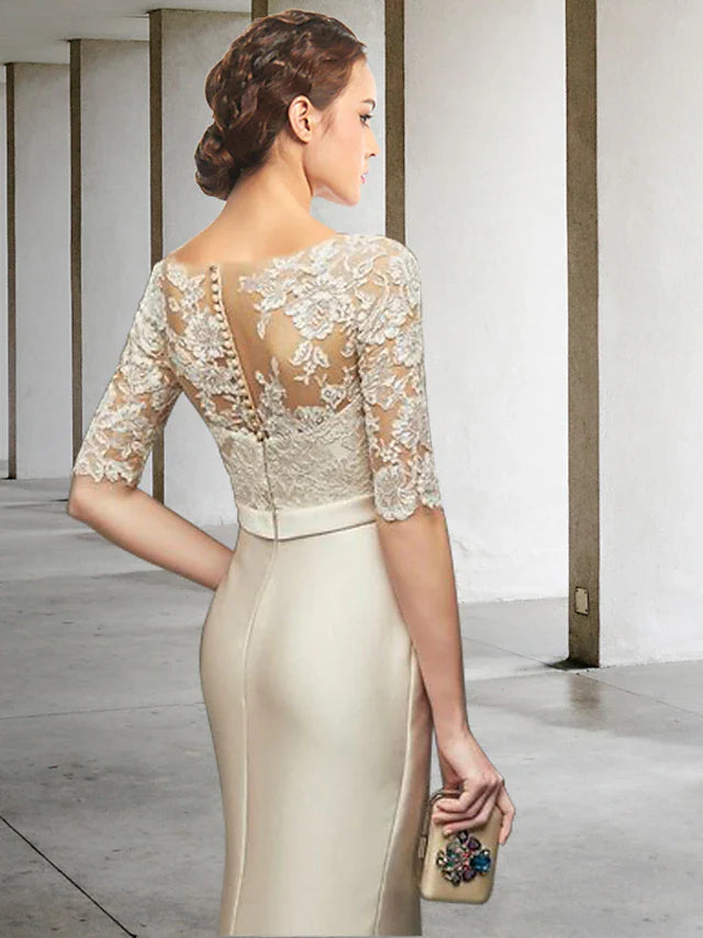 Wholesale Mermaid / Trumpet Mother of the Bride Dress Elegant Jewel Neck Knee Length Satin Lace Half Sleeve with Bow(s) Appliques